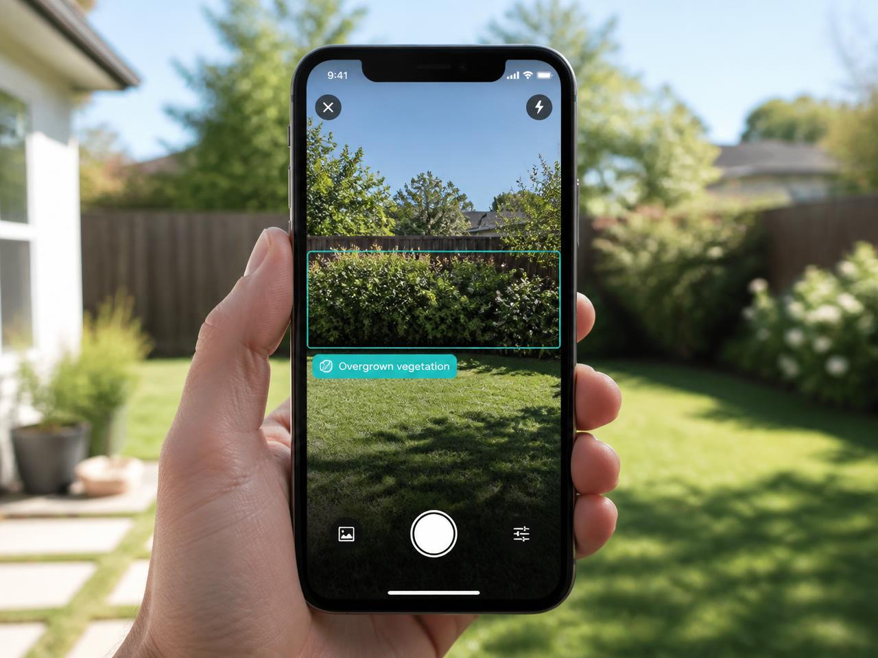 A phone pointed at overgrown backyard bushes with a teal box drawn around them
